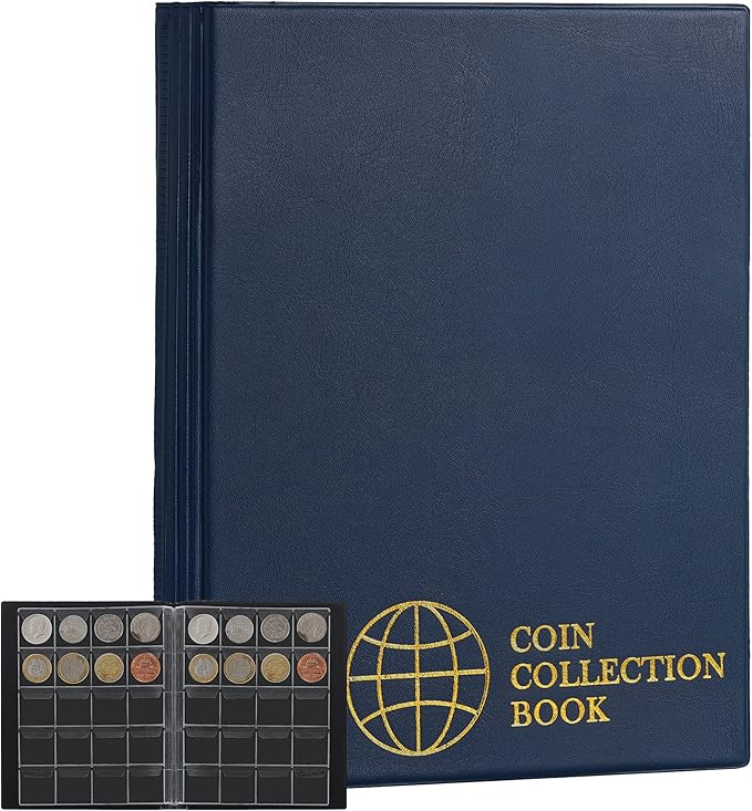 200 Pockets Coin Albums - 1.8x1.8 inch Grid Blue Coin Book 10 Pages Coin Collection Holder Letter Size Coin Storage Book 4.5x4.5 cm Pocket CS0220BL