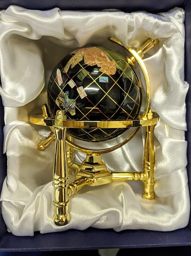 Unique Art 6-Inch by Black Onyx Ocean Mini Table Top Gemstone World Globe with Gold Tripod