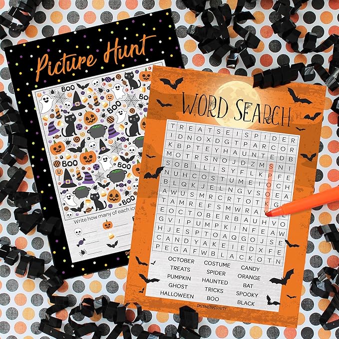 DISTINCTIVS Halloween Party Games – Word Search and Picture Match 2 Game Bundle, 25 Dual-Sided Cards for Kids, Adults, Classrooms, and Fall Events