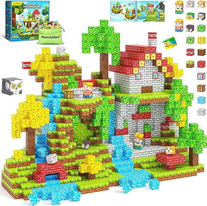 Magnetic Blocks with Forest Animals, Magnetic Building Blocks Magnet Cube Toys Stacking, Build Forest World Set, STEM Montessori Sensory Toys for Kids Boys Girls Age 3 4 5 6 7 8 9 10 Gifts