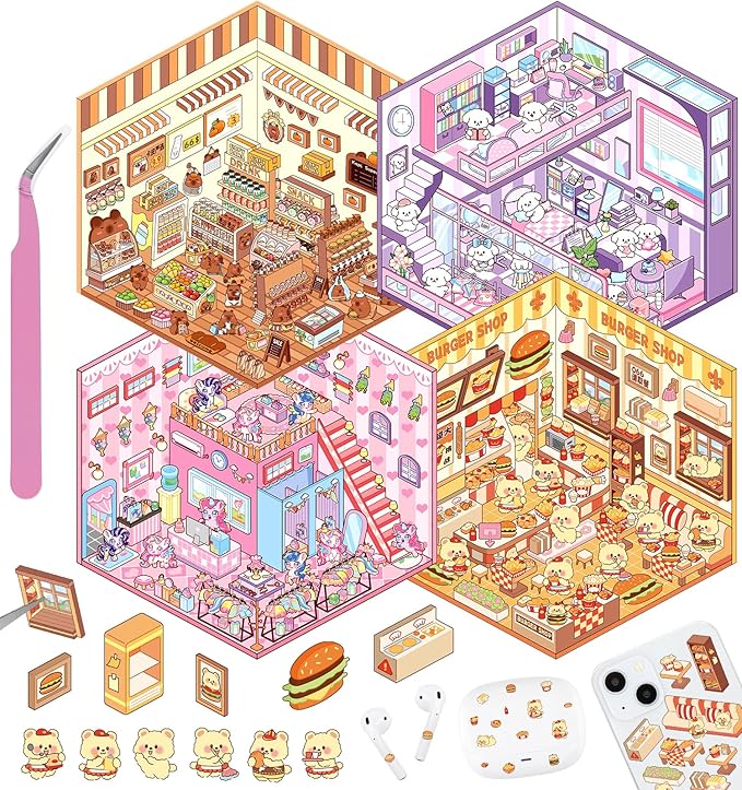 DIY 3D House Stickers, 4 Sets Fun DIY Stickers Scene Make Your Own Mini House Cute Cartoon Animal Scene Sticker for Kids Adult Sticker Art Relief Stress Pass The Time