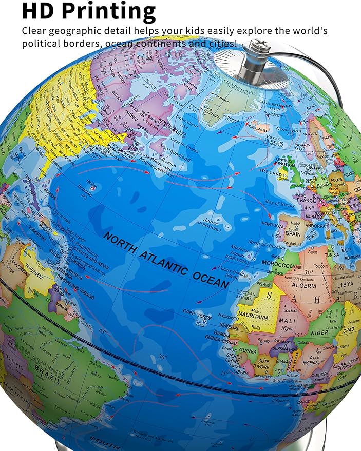 9" Illuminated World Globe with Stand, Educational Globes for Kids Learning, Colorful HD World Map Details, LED Globe Lamp for Living Rooms Decor