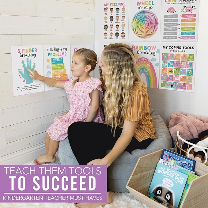 Hadley Designs 9 Calming Corner Posters For Classroom Must Haves For Teachers - 11x14 Calm Down Corner Supplies, Feelings Chart For Kids Ages 4-8, Feelings Wheel Poster, Pastel Classroom Decor