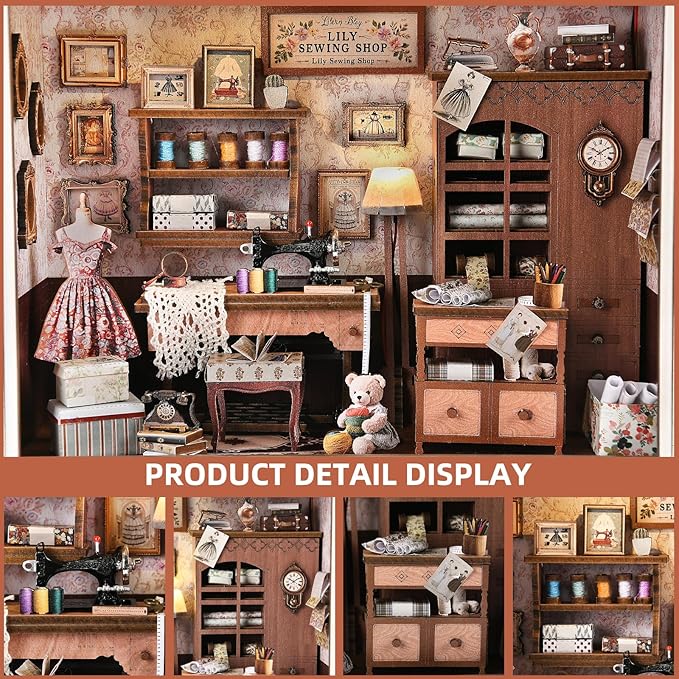 Book Nook Kit - 3D Wooden Puzzle with LED Switch Control & Wall-Mountable Frame，DIY Miniature House for Beginners，Bookshelf/Tabletop/Wall Decor for Craft Lovers，Dollhouse Gift (Lily Sewing Shop)