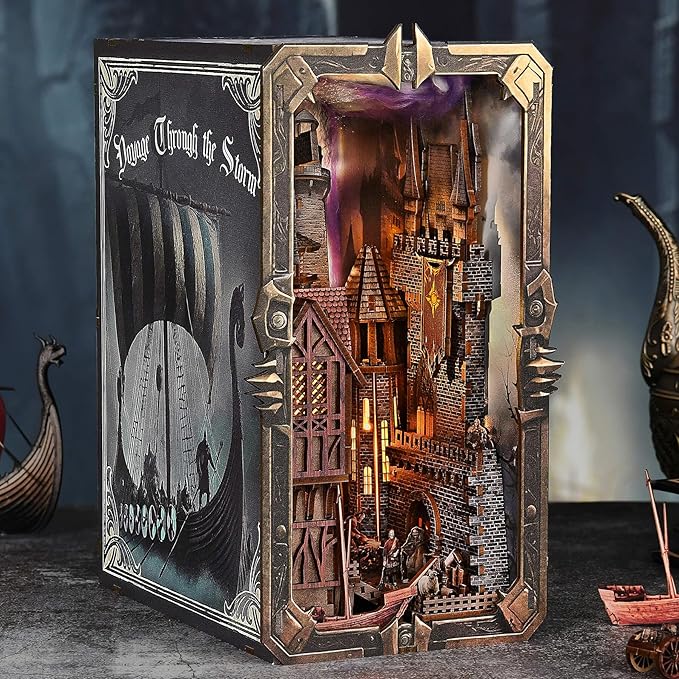Viking Book Nook Kit - DIY Miniature House Dollhouse Kit for Adults Teens, Booknook Tiny House Bookshelf Insert Decor 3D Wooden Puzzle, Gifts for Family, Friends (Voyage Through The Storm)