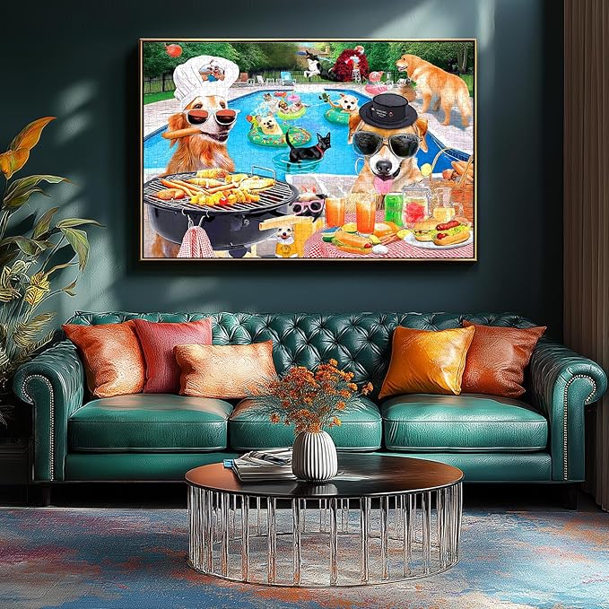Dog Pool Party Puzzle for Adults 500 Piece Summer Funny Animal BBQ Jigsaw Puzzles with Letters on Back Unique Fun Family ChallengingPuzzles for Seniors Family (23"x15")