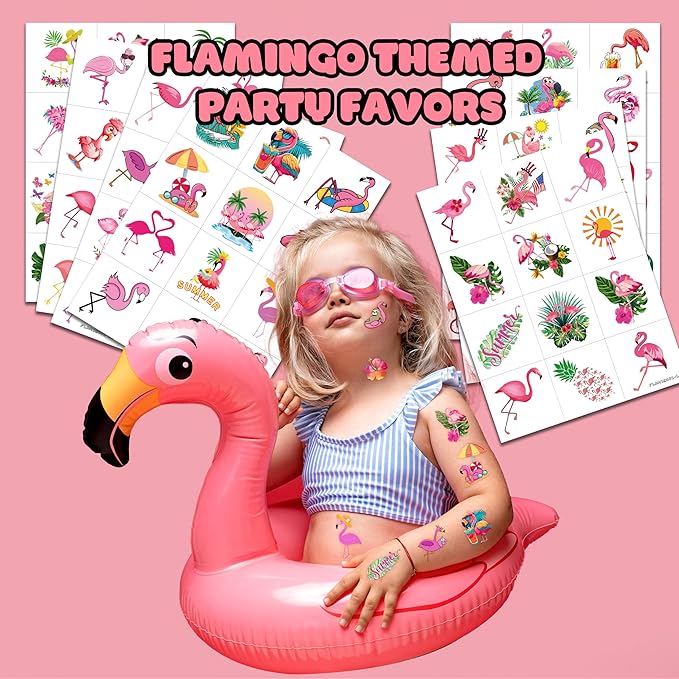 96 PCS Funny Flamingo Pre-Cut Temporary Sticker Summer Tropical Flower Hawaiian Luau Birthday Supplies Gifts Girls Boys Baby Showers Prizes Cute School Reward Themed (Normal)