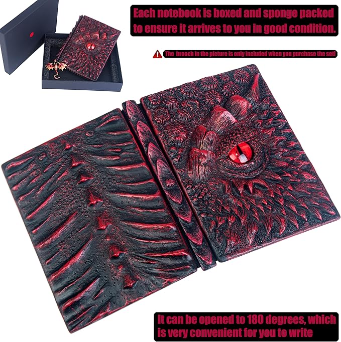 3D Dragon Eye Embossed Journal,Resin Engraving Notebook,Dnd notebook for Dragon Lovers ，Blank Paper,Hardcover Travel Notepad for Writing,Sketchbook,Collection,Gift,Decoration A4 and A5 Size (A5-Red-Lined-Brooch)