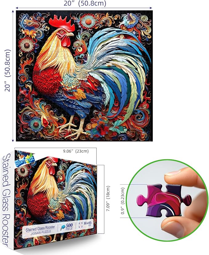 Vibrant Rooster 500 Piece Jigsaw Puzzle for Adults Colorful Folk Art Decorative Challenge Puzzle Premium 20"x20" Art Puzzle for Puzzle Lovers
