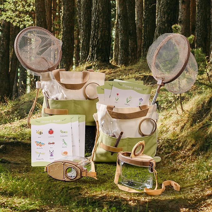 ROBOTIME 2Sets Bug Catcher for Kids, Sturdy Bug Catching Kit with Butterfly Net, Insect Box, Magnifying Glass, Tweezer, Clamp, Cards and Carry Bag, Bug Habitat Outdoor Explorer Kit for Kids 3-12