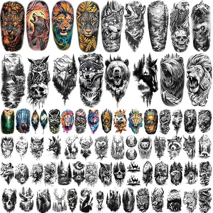 77 Sheets Temporary Tattoos for Adults and Kids - 2 Sizes Fake Tattoo Realistic Lion, Tiger, Wolf, Eagle Owl Forest Animal Designs- Long Lasting Body Tattoo for Halloween, Parties