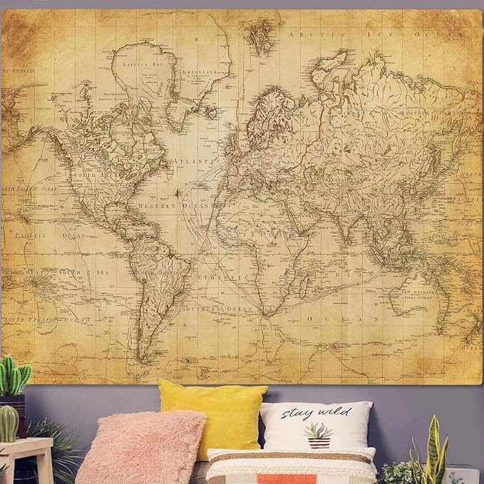 Old World Map Tapestry, Vintage World Map Geographical Distribution Tapestry Wall Hanging, Brown Historical Atlas Educational Poster Classroom Large Tapestries Office Decor 90x70