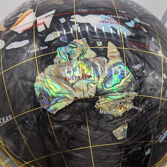 Limited Edition! Unique Art Since 1996 Black Pearl Swirl Table Top Gemstone World Globe with Tripod Gold Zinc Alloy Stand (BLACK PEARL WITH GOLD TRIPOD)