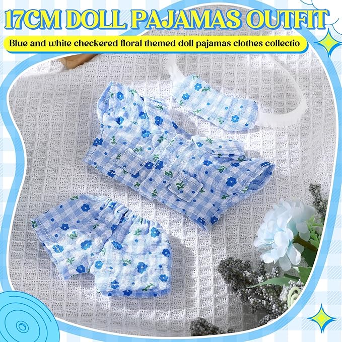 17cm Doll Clothes Pajamas Set with Pants Eye Mask Good Night Bedding Clothes Outfit Gifts Fits Most 17cm Dolls Accessories for DIY Dress up Lovers (Blue Floral)