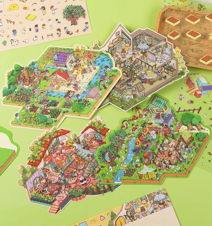 DIY 3D House Stickers, 4 Sets Fun DIY Stickers Scene Make Your Own Mini House Cute Cartoon Animal Scene Stickers for Kids Adult Sticker Art Relief Stress Pass The Time-Large Size