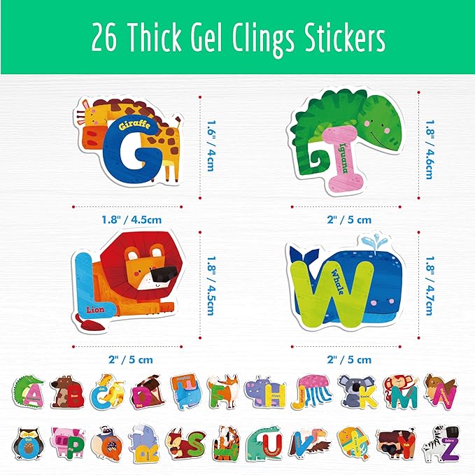 26PCS Alphabet Animal Jelly Stickers, Thick Window Door Clings Removable Reusable Letter Gel Clings Decals for Kids Toddlers Adults Home Classroom Animal Theme Party Supplies Decors (Not Edible)