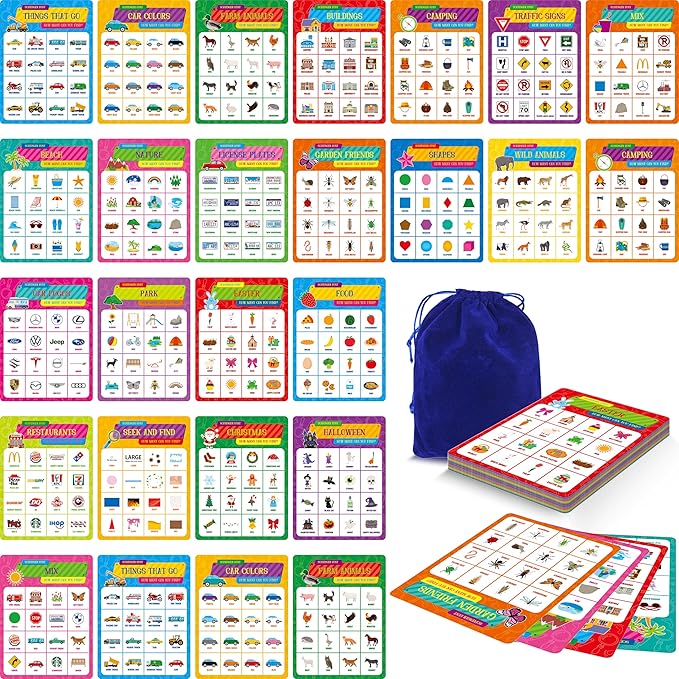 Road Trip Bingo Game, 30 Double-Sided Game Boards (Animal, Holiday, Building, Vehicle Themes), Dry-Erase Scavenger Hunt Bingo Games for Road Trip, Car Travel, Outdoor Activities for Kid, Adult