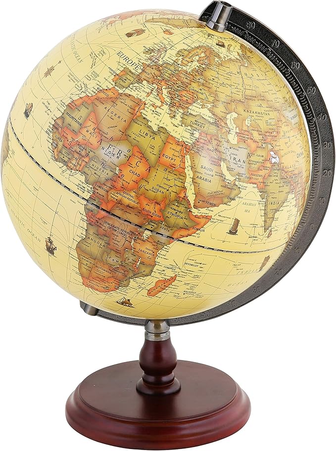 ANNOVA Antique Globe 10" / 25 cm Diameter with A Wood Base, Vintage Decorative Political Desktop World - Rotating Full Earth Geography Educational - Kids, Adults, School, Home, Office (Dia 10-inch)