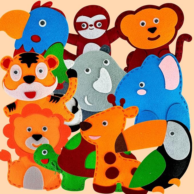 QUOKKA Kids Crafts Ages 4-8, DIY Beginner Needle and Thread Kit - 12 Wild Animals Sewing Kit Basic - Fun Arts Crafts for Kids Ages 6-8 Girls Boys - Plastic Needles, Scissors - 6+ Year Old Girl Gifts