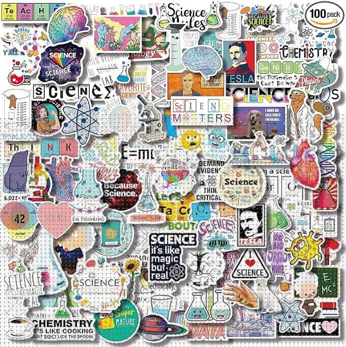 Aowplc 100 Pcs Natural Sciences Stickers Pack, Physics, Chemistry, Biology Experiment Vinyl Stickers, Student Science Laboratory Decals for Laptop, Water Bottle, Notebook, Luggage, Computer Decor