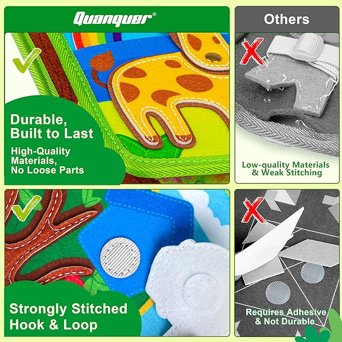 Quanquer Animal Busy Book for Toddlers 1-3 - Montessori Sensory Felt Activity Book for 1 Year Old Boys and Girls, Educational Travel Toy for Airplane Car, Christmas Birthday Gifts for Toddlers