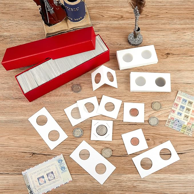 Teling 303 Pieces Coin Flips 3 Pcs 2 x 2 Inch Coin Storage Boxes 300 Pcs Cardboard Holders in 6 Sizes Collection Supplies for Collectors(Red)