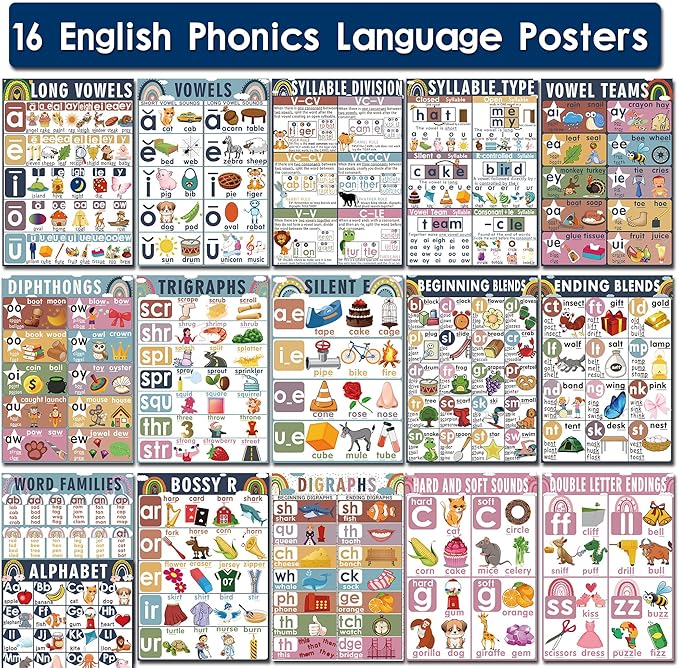 16 Sound Wall Classroom Phonics Language Arts Charts for Kids Toddler Learning Vowels Sounds, Phonics Posters for Classroom, Digraphs and Blends Poster, Reading Poster, Sound Wall Phonics Routine（16 x 11 Inch）