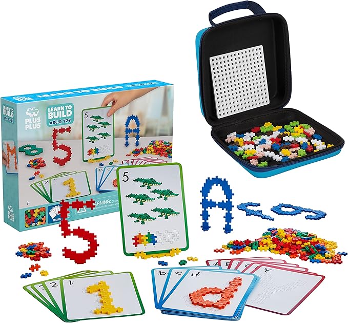 PLUS PLUS - Learn to Build ABC & 123 w/Travel Case, 500 Piece Bundle - Construction Building Stem/Steam Toy, Interlocking Mini Puzzle Blocks for Kids