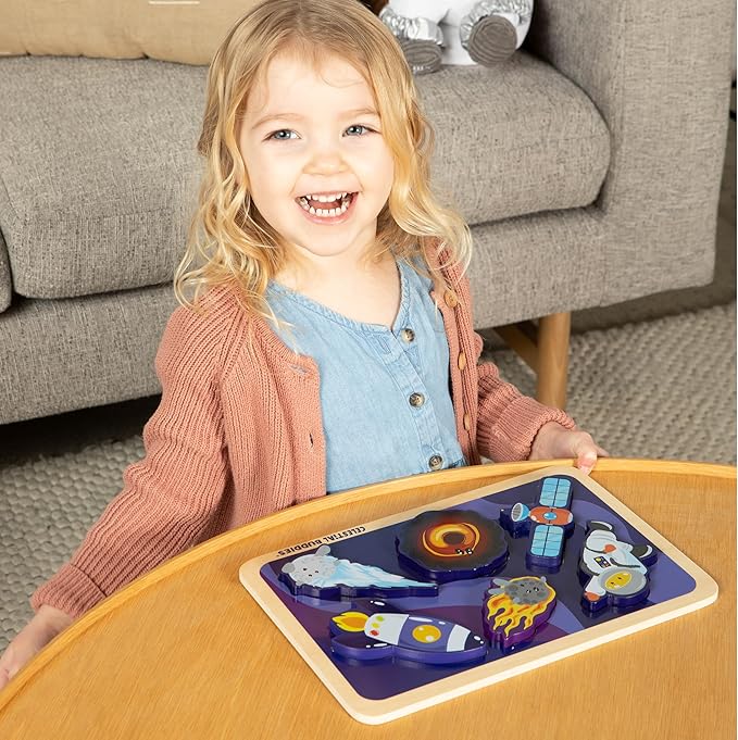 Celestial Buddies Chunky Wooden Toddler Puzzles, 12x8 Inch – Educational Space Puzzle for Early Science & Astronomy Exploration - STEM Learning (2-Pack)
