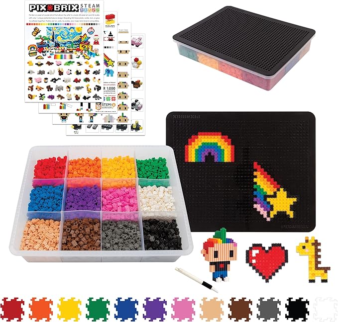 Pix Brix Pixel Art kit Puzzle Bricks - 3,000 Piece Pixel Art Container, 12 Color Dark Palette - Interlocking Building Bricks, Create 2D and 3D Builds Without Water or Glue - Stem Toys, Ages 6 Plus