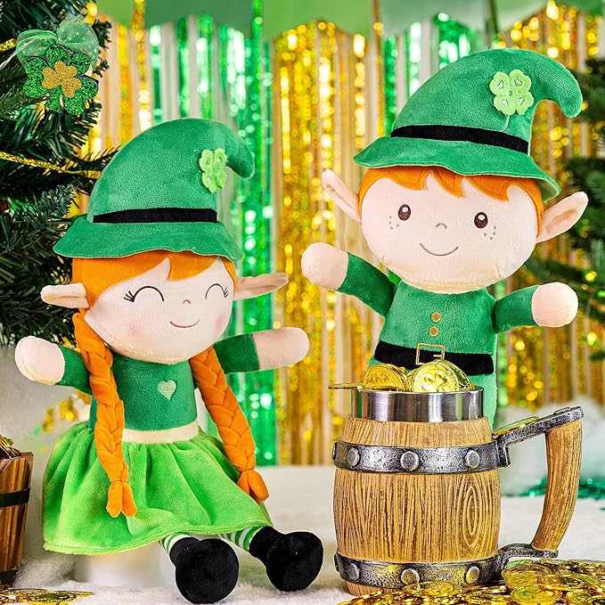 Gloveleya Plush Dolls Saint Patrick's Day Gifts Soft Blessings Doll Shamrock Wishes Plush Elf Baby Girl Gifts 16" Green