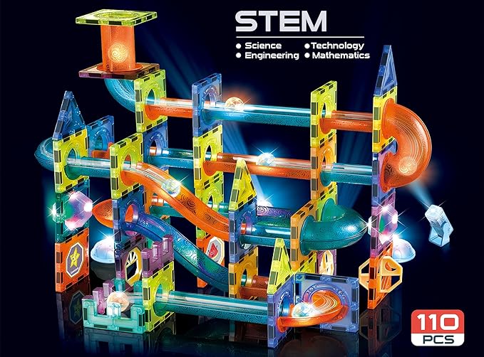 UNIQUE KIDS Magnetic Tiles Building Blocks with Marble Run STEM Toys STEAM Toys for Kids Ages 3-10+Year Old Boys Girls Best Christmas Birthday Gift (110 pcs)