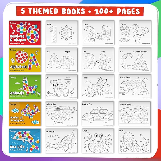 Chalkola 50 Dot Markers Bulk Classroom Pack (10 Colors W/Gold, 5 Activity Books) | Washable Bingo Daubers for Kids Toddlers Ages 1 2 3 4 5 - Art & Craft School Supplies for Preschool, Kindergarten