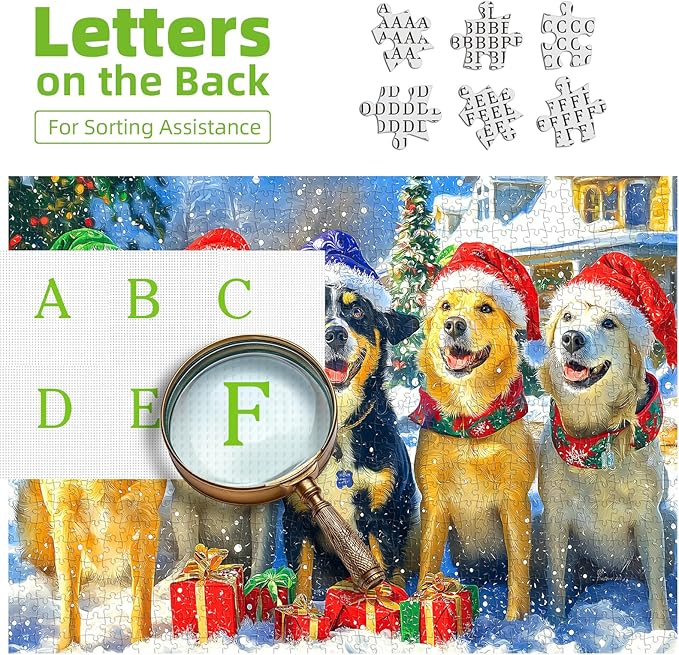 Christmas Dogs Puzzles for Adults 500 Pieces Winter Holiday Scene with Golden Retrievers Fun Animal Jigsaw Puzzles with Letters On Back Family Challenging Festive Puzzles Game for Seniors Adults