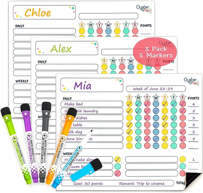 Magnetic Chore Charts for Multiple Kids & Adults - 3Pcs Chore Boards with 5 Fine Tip Dry Erase Markers - Behavior Charts - Responsibility & Reward Charts for Family Organization on Your Refrigerator