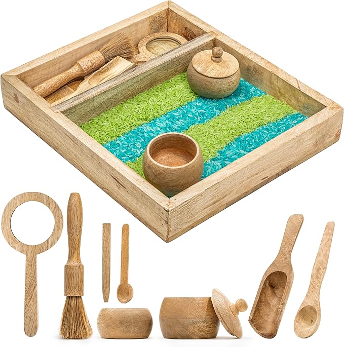 Wooden Sensory Play Bin Set – Montessori Fine Motor & Tactile Exploration Kit with Wooden Tools, Natural Mango Wood