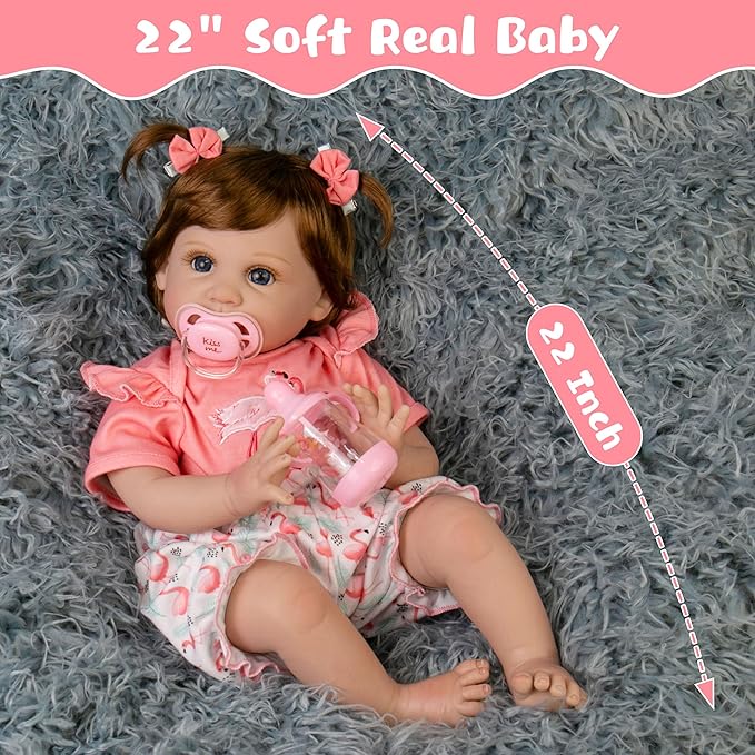 Realistic Baby Doll 22-Inch Lifelike Newborn Baby Doll Soft Cloth Body Real Life Baby Dolls, Ideal Christmas Birthday Gift Set for Kids Age 3+
