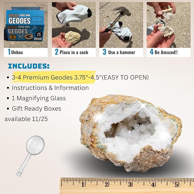 Break Your Own XL Geodes Kit for Kids – 3–4 Large Natural Crystal Geodes (3.5–4.5”) with Magnifying Glass & Learning Guide – STEM Science Rock Kit – Gift-Ready Educational Set for Kids Ages 6–12