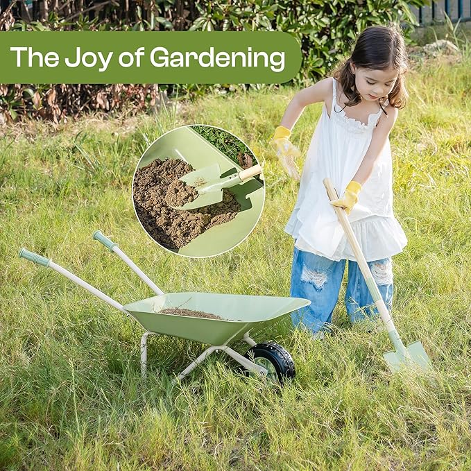 ROBOTIME Kids Wheelbarrow Set, 5PCS Kids Gardening Tool Set with Metal Toy Wheelbarrow, Shovel, Hoe, Broom & Gloves, Outdoor Yard Play for Planting, Sand, Leaves & Snow Fun, Gifts for Toddler 3+