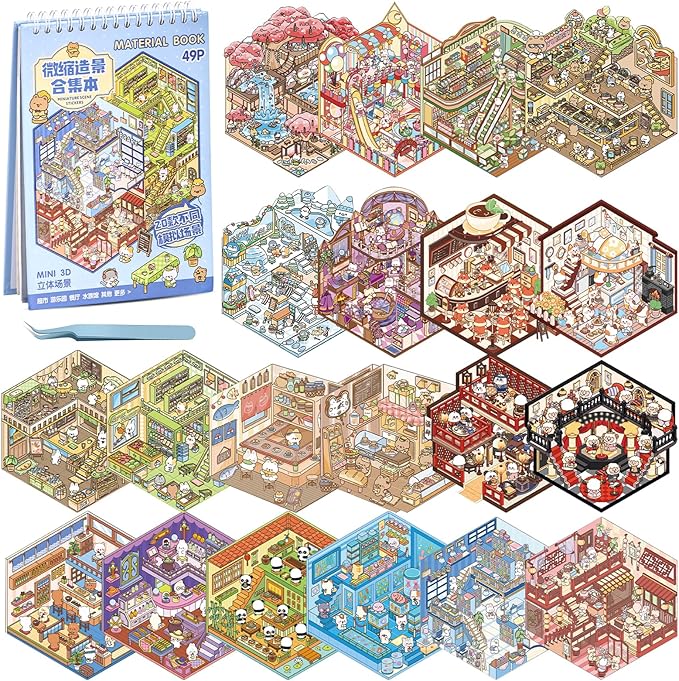 20 Sets DIY 3D Sticker Scene Book,Cute Cartoon Animal Isometric Scene,DIY 3D House Stickers Set,Sticker Therapy for Adults Kids,Conduce to Relief Stress Pass The Time,Christmas Gifts for Kids