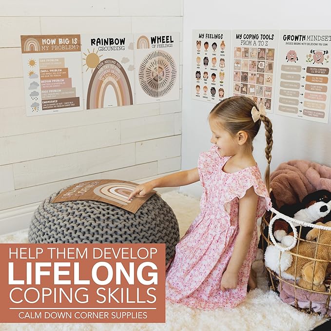 Hadley Designs 9 Calming Corner Posters For Classroom Must Haves For Teachers - 11x14 Calm Down Corner Supplies, Feelings Chart For Kids Ages 4-8, Feelings Wheel Poster, Boho Classroom Decor