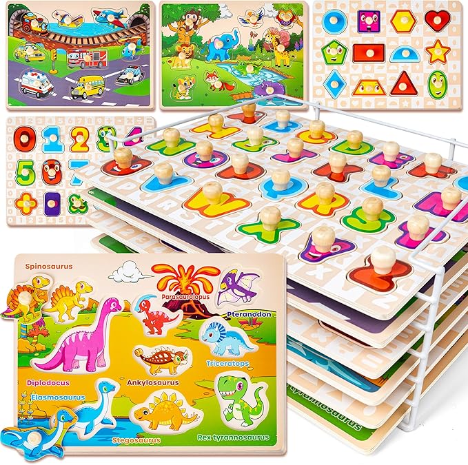 SYNARRY Wooden Puzzles for Toddlers 1-3, 6XSET Puzzles for Toddlers 2-4 with Rack, Learning Alphabet Number Shape Animal Dinosaur Vehicle, Education Toddler Puzzles Toys Gifts for 2 3 Years Boys Girls