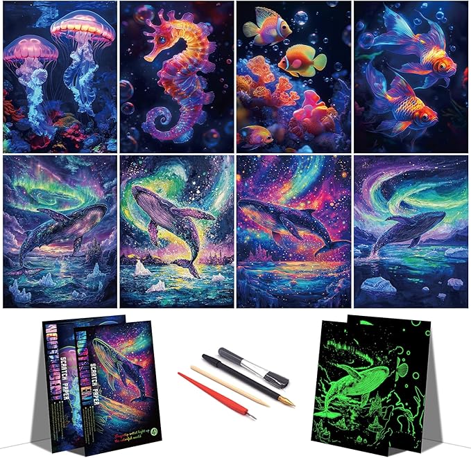 Scratch Paper Art for Adults-Glow in The Dark Scratch Painting Craft Kit (8 Sheets A4)|Foil Engraving Art Set|Stress Relief Gift for Craft Lovers|Creative Scratch Art Home Decor(Whales&Jellyfish)