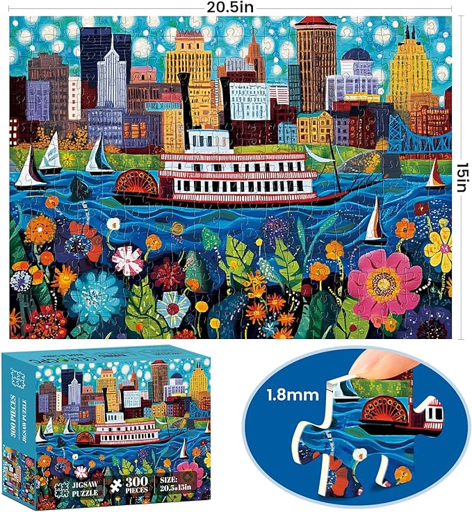 300 Pieces Puzzles for Adult,Riverboat Scene Puzzle for Kids Teen Adults,Interlock Perfectly Letter on Back,Folk Art Design Jigsaw Puzzle for Kids Ages 8-10,Puzzle for Family Game Nights,20.5 x 15 in