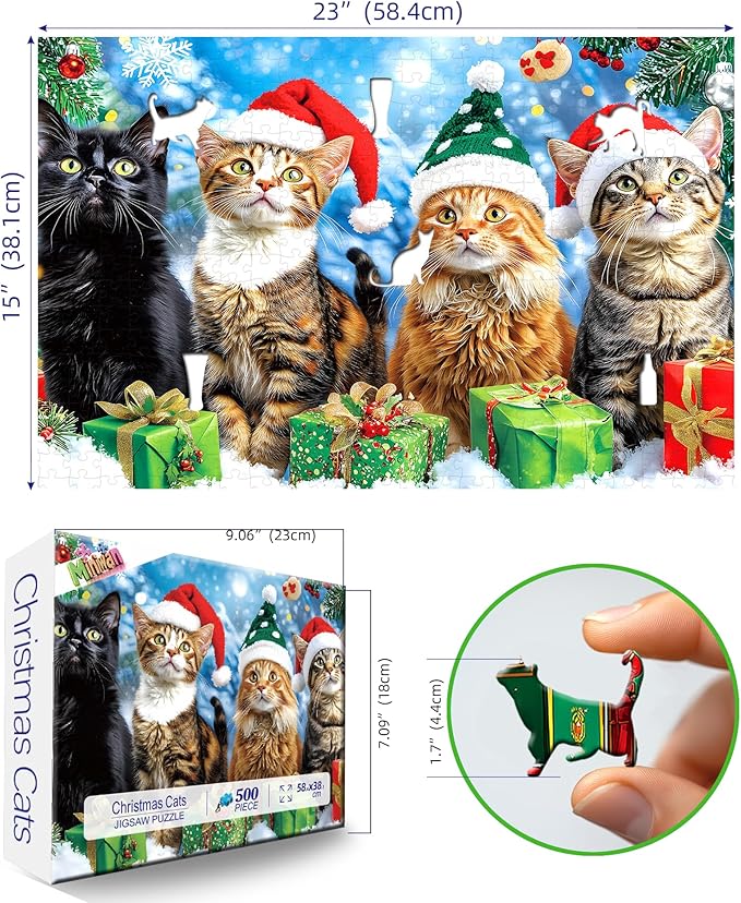 500 Piece Christmas Cats Jigsaw Puzzle for Adults Festive Animal Winter Scene Holiday Puzzle with Letters on Back Vintage Fun Santa Hats Kitten Family Challenging Puzzles Game for Seniors Adults