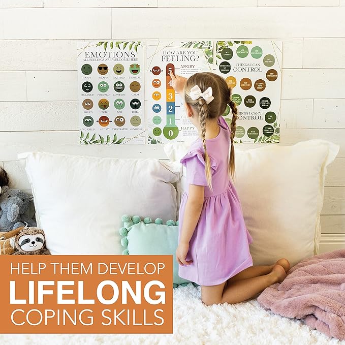 Hadley Designs Feelings Chart For Kids Ages 4-8 - Emotions Chart For Toddlers 3-5, Counseling Feelings Posters For Classroom Calming Corner, Social Emotional Learning Posters, Greenery Classroom Decor