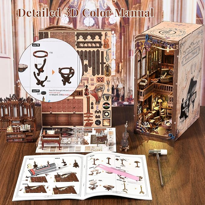 fifijoy Book Nooks, DIY Miniature Book Nook Kit Music, 3D Wooden Puzzle Bookends for Bookshelf Insert Decor with Led Light for Teens and Adults (Timeless Melody)