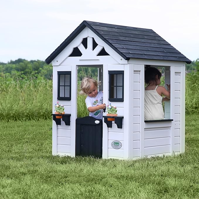 Backyard Discovery Sweetwater White Cedar Wooden Kids Playhouse Cottage with Play Kitchen, Snack Bar, Half Door, Toy Phone, Windows, Flowerpot Holders, Working Doorbell for Outdoor Imaginative Play