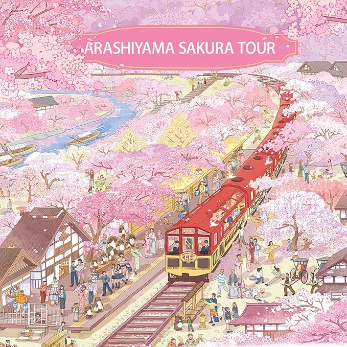 MOMIBOOK 1000 Piece Puzzle for Adults Jigsaw Puzzles of Arashiyama Sakura Tour, Painting Image Cherry Blossom Difficult Challenging Impossible Puzzle Unique Party Christmas Birthday Gifts