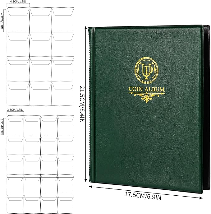 160 Pockets Coin Album - 10 Sheets Mixed Sizes Coin Holder 45x43/33x33 mm Collecting Grid for Pounds Pence Cents (Green) CS48160GR